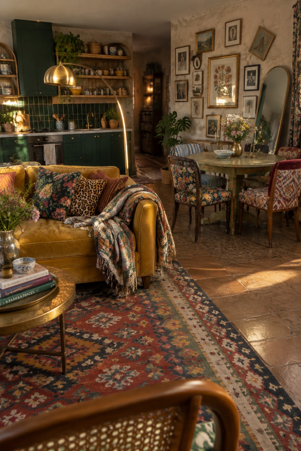 Cozy eclectic living room with mustard velvet sofa, colorful rug, and dining area