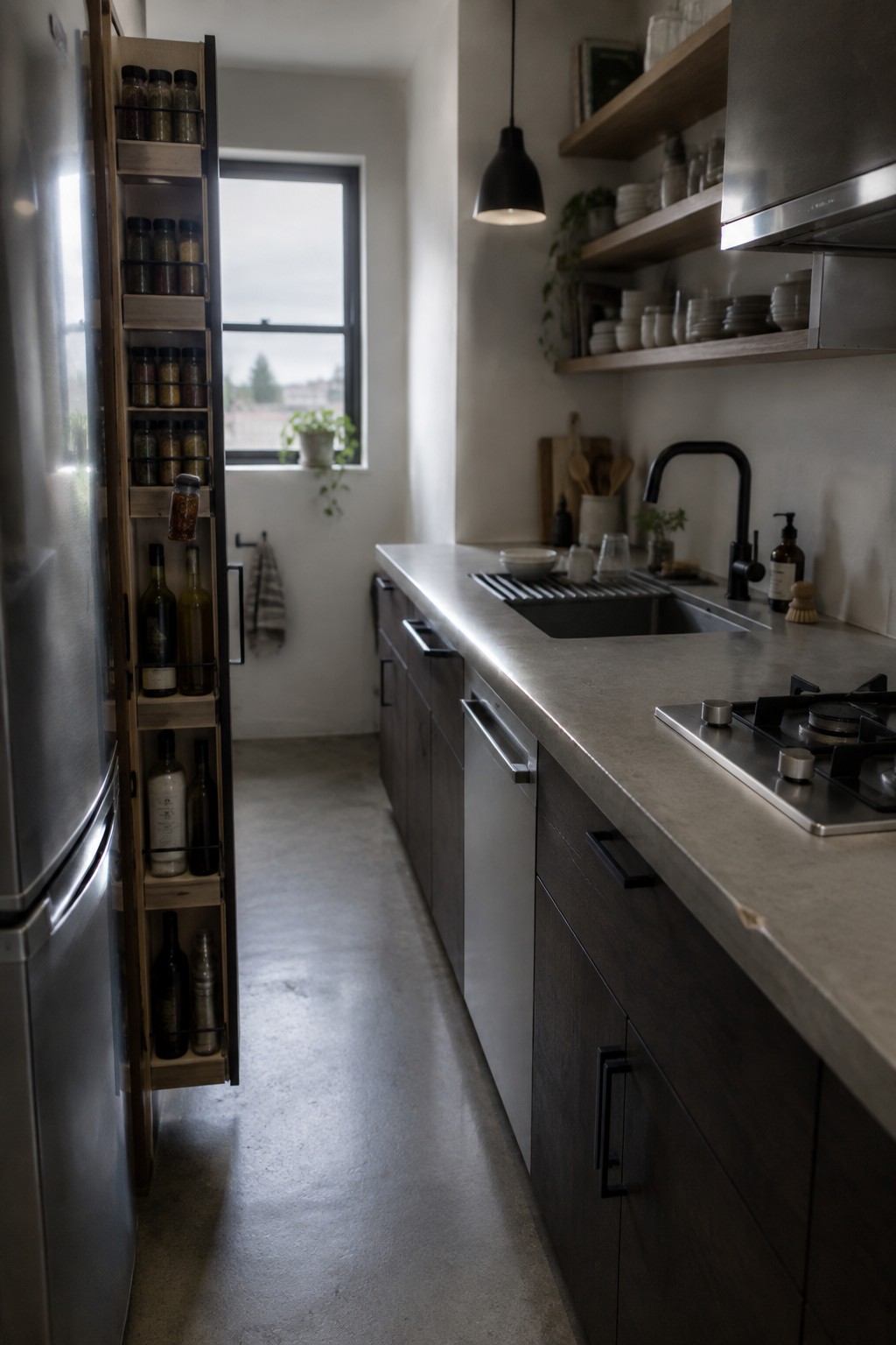 Modern kitchen with open spice rack on fridge, concrete counters, and dark cabinets