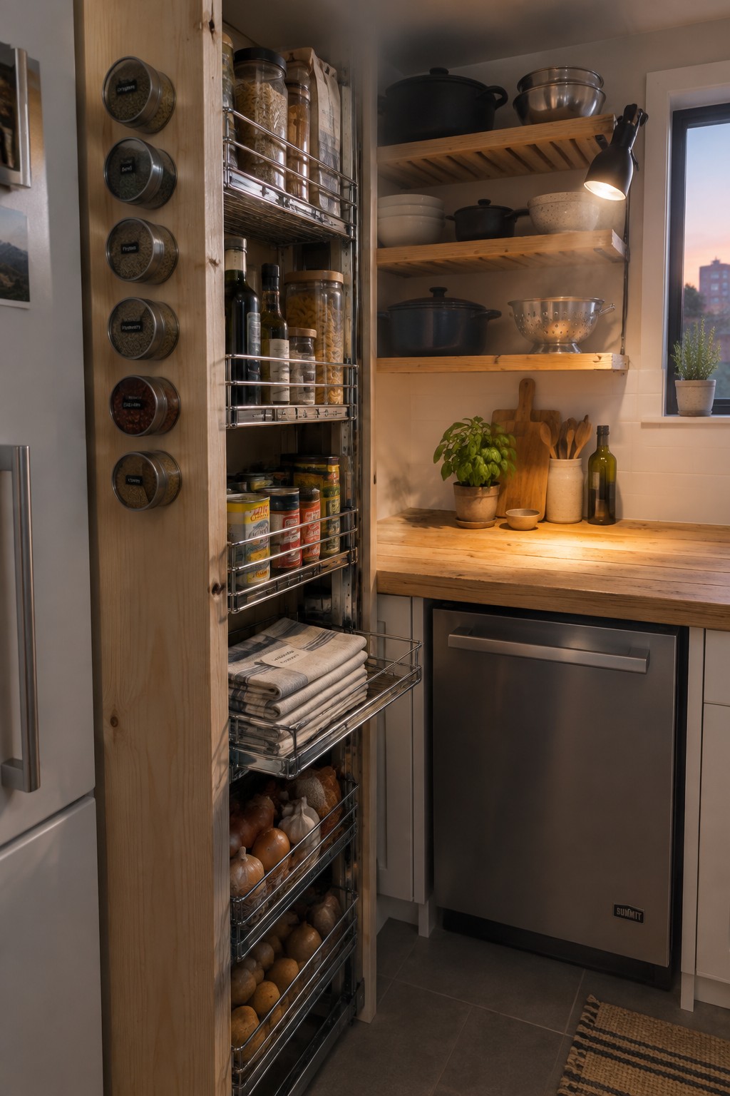 A tall wooden pull-out pantry cabinet with wire shelves holding jars, cans, bottles, and produce stands open beside a stainless steel dishwasher in a kitchen with wooden counters.