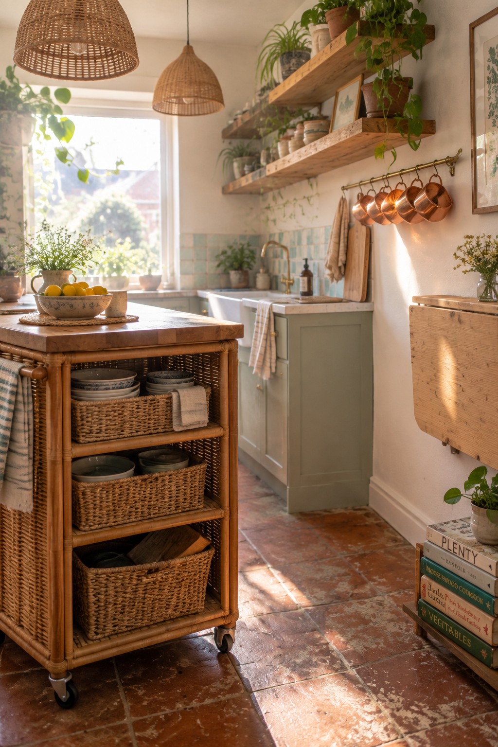 Rustic kitchen with wooden rolling cart, wicker baskets, green cabinets, and hanging plants.