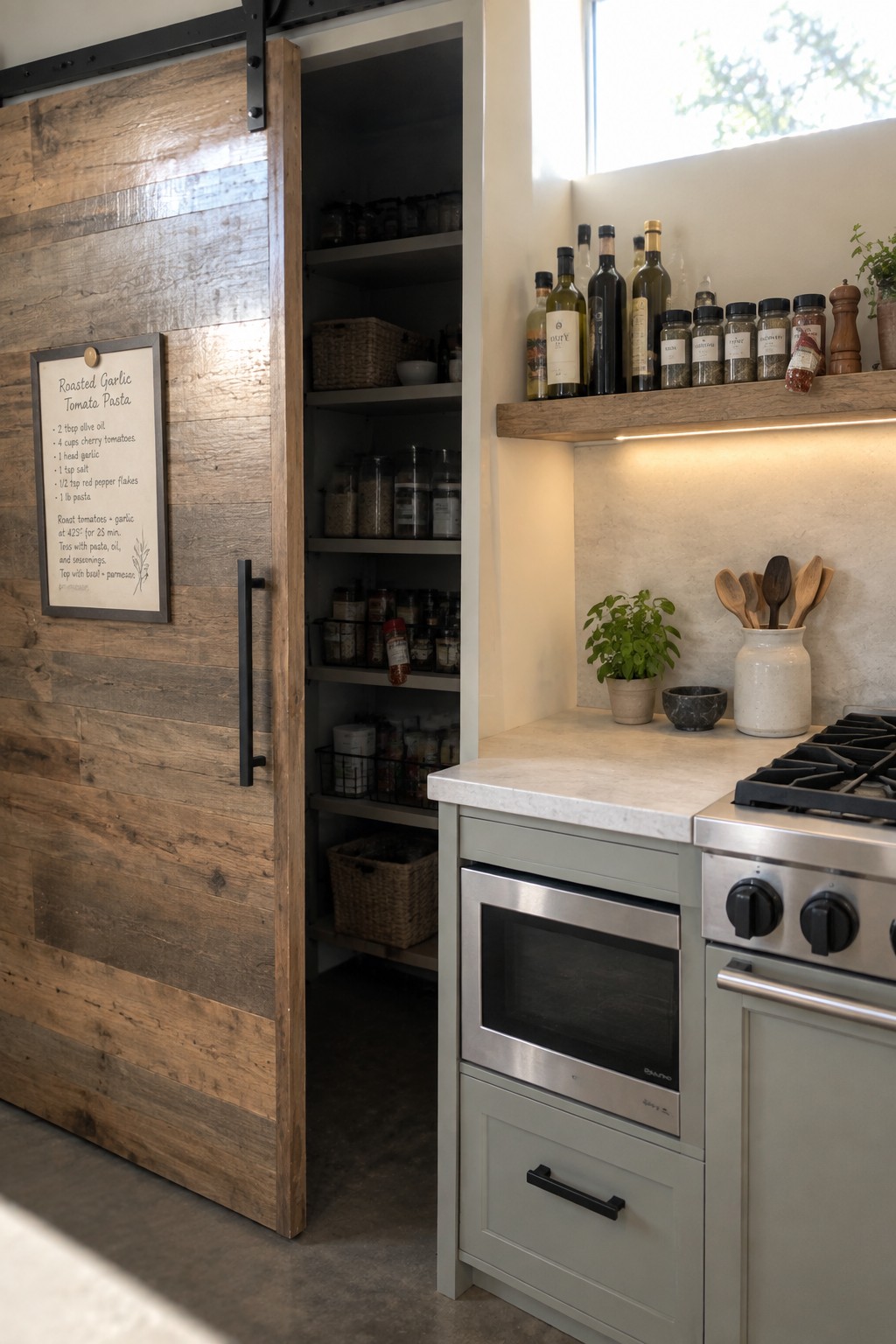 A kitchen interior with a wooden sliding barn door pulled open to show a pantry with multiple shelves holding jars, baskets, and containers, next to a stone countertop with a gas stove and bottles on a wooden ledge.