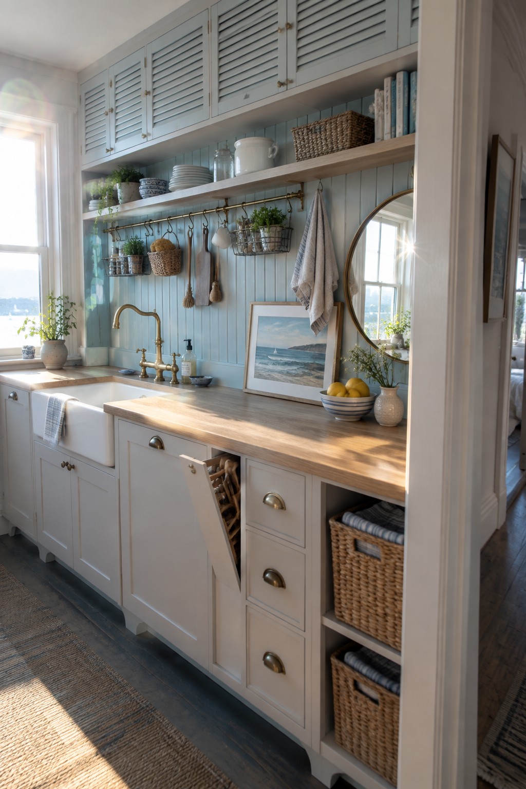 Sunny coastal kitchen with white cabinets, light blue walls, wooden counters, and brass faucet