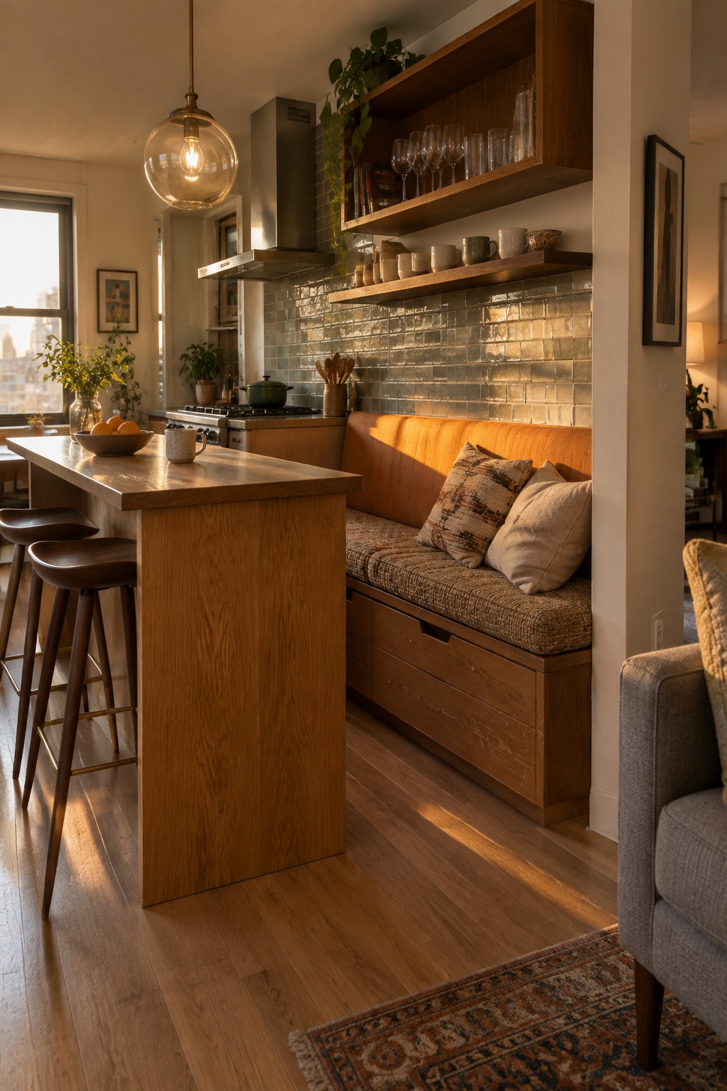 A kitchen with a wooden peninsula and bar stools, a built-in banquette with orange upholstery and storage drawers below, and open wooden shelves above a glass tile backsplash.
