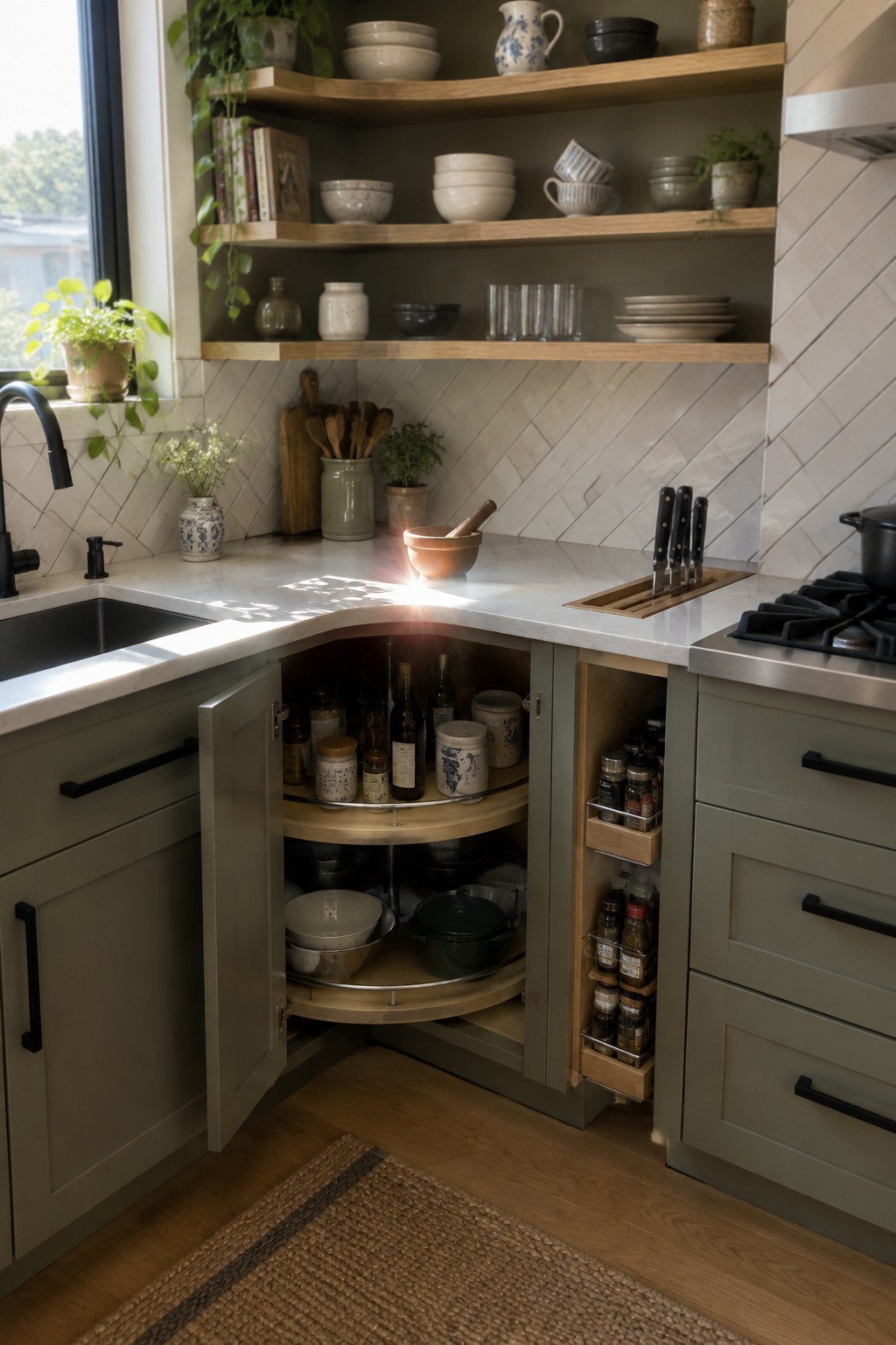 A sage green kitchen corner with open cabinet doors revealing two-tier rotating wooden shelves stocked with bowls, pots, and jars, plus adjacent pull-out spice drawers.