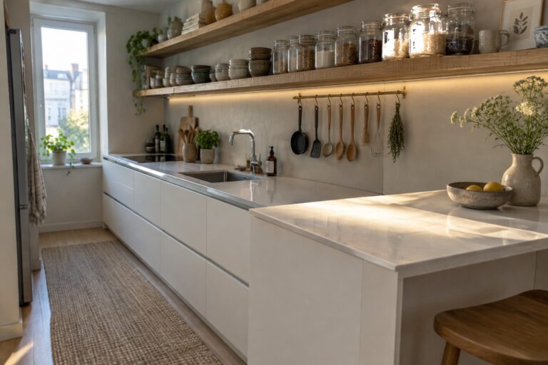22 Smart Apartment Kitchen Ideas for Limited Cabinet Space Modern kitchen with white marble island, wooden shelves, hanging utensils, and woven rug.