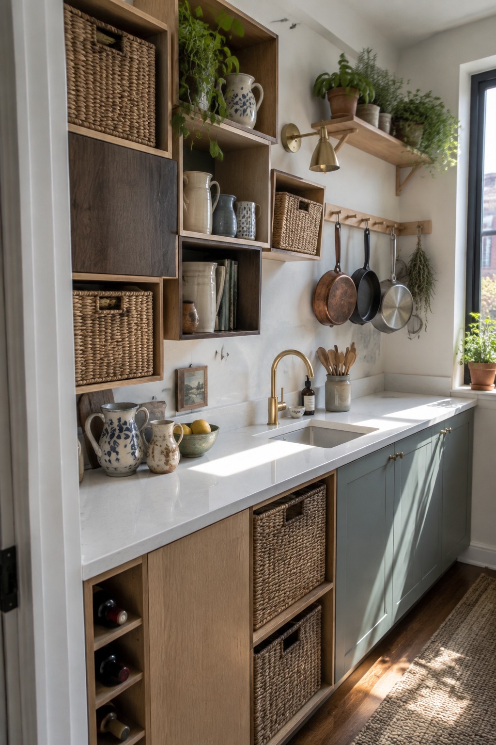 Sunlit kitchen with marble counter, open wooden shelves, woven baskets, and green cabinets.