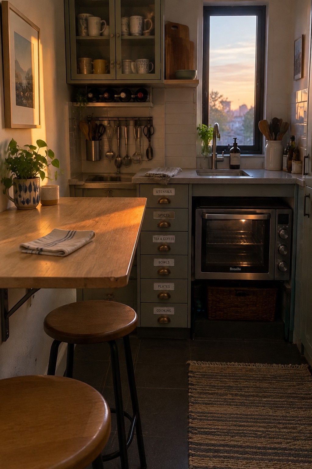 A narrow apartment kitchen with a wooden counter, a bank of gray labeled drawers, an oven, and a window at sunset.