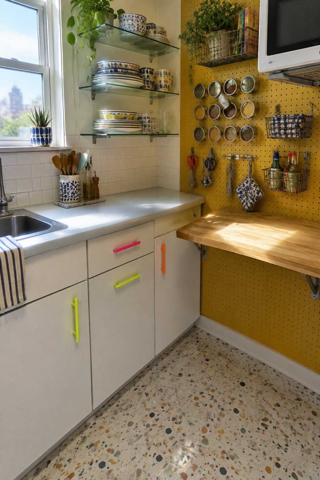 A kitchen interior with white cabinets featuring colorful handles, a yellow pegboard wall holding metal spice jars and hanging tools, glass floating shelves above the counter, and a wooden drop-down table.