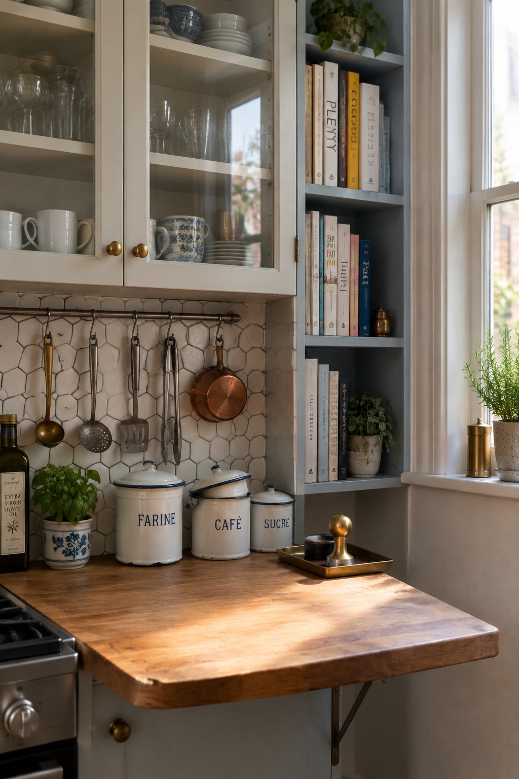 Wooden kitchen counter with enamel canisters, hanging utensils, and bookshelves with plants