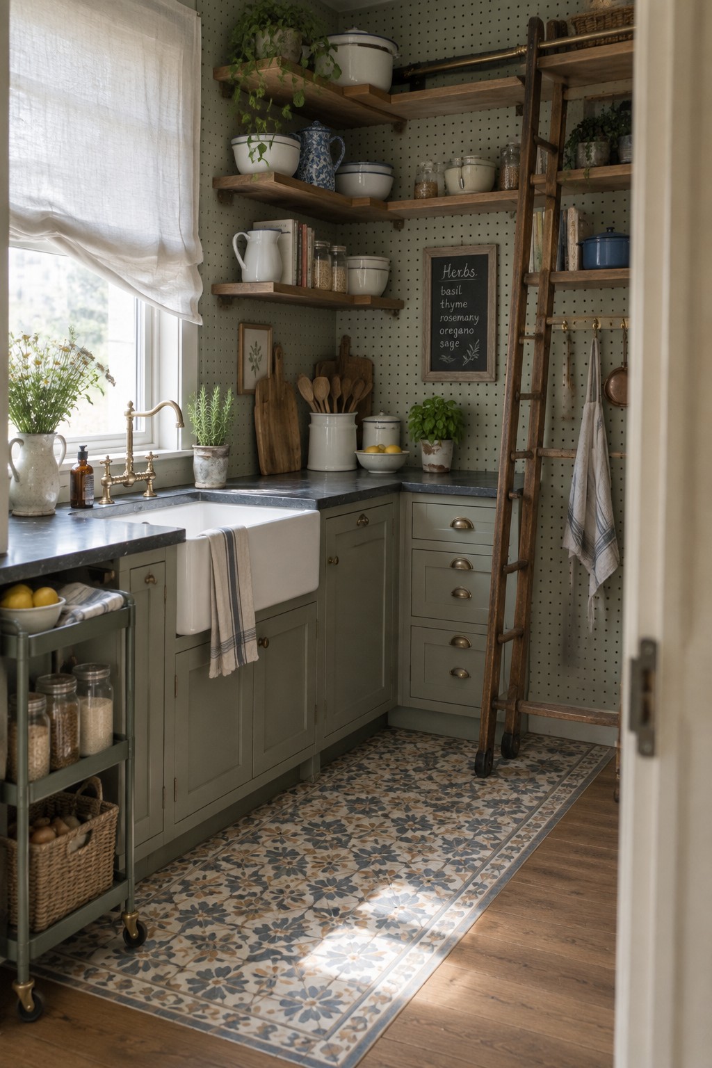 Rustic sage green kitchen with white farmhouse sink, open shelves, and patterned runner.