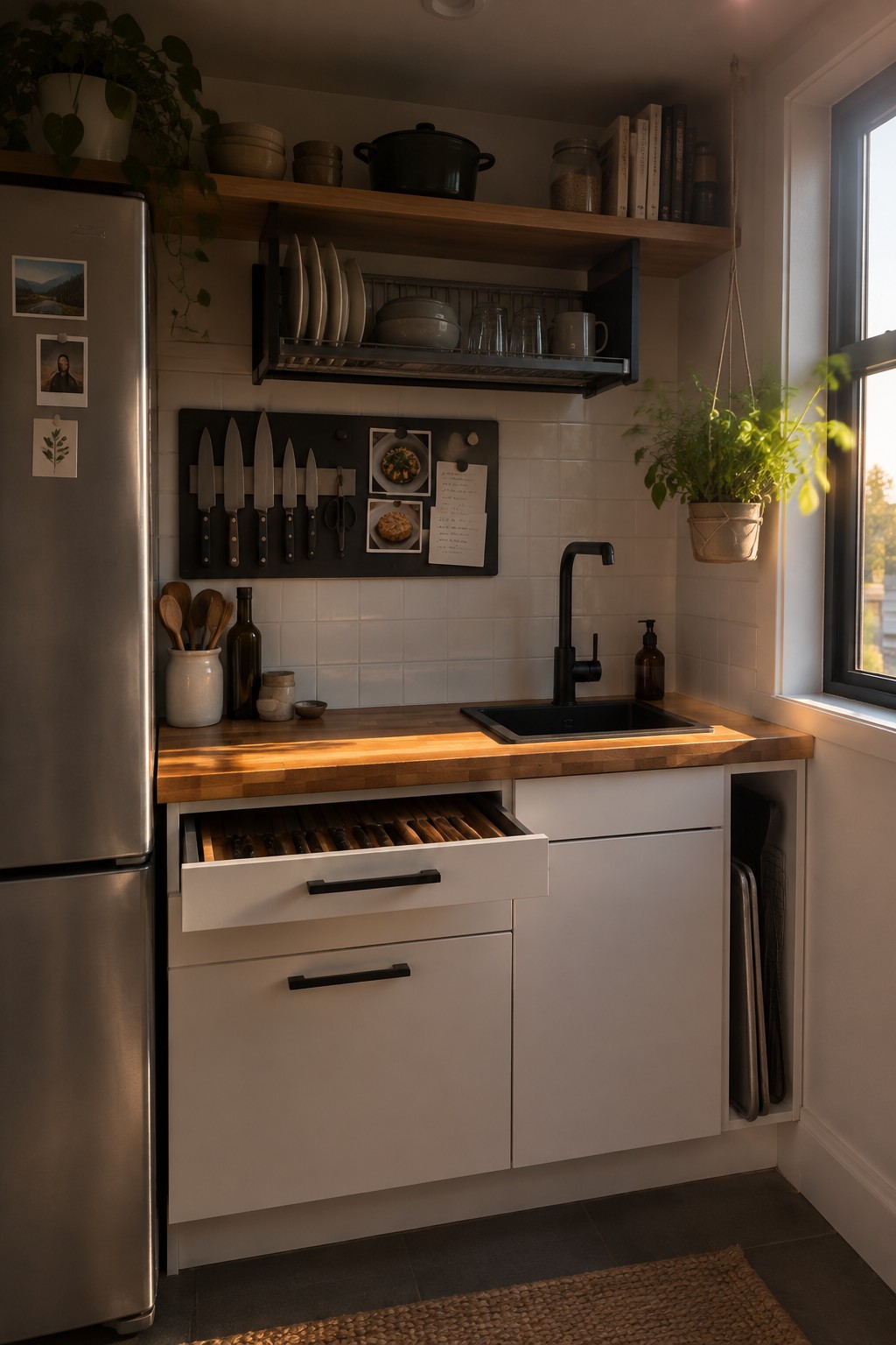 Warmly lit kitchen with stainless fridge, wooden countertops, black sink, and open drawer