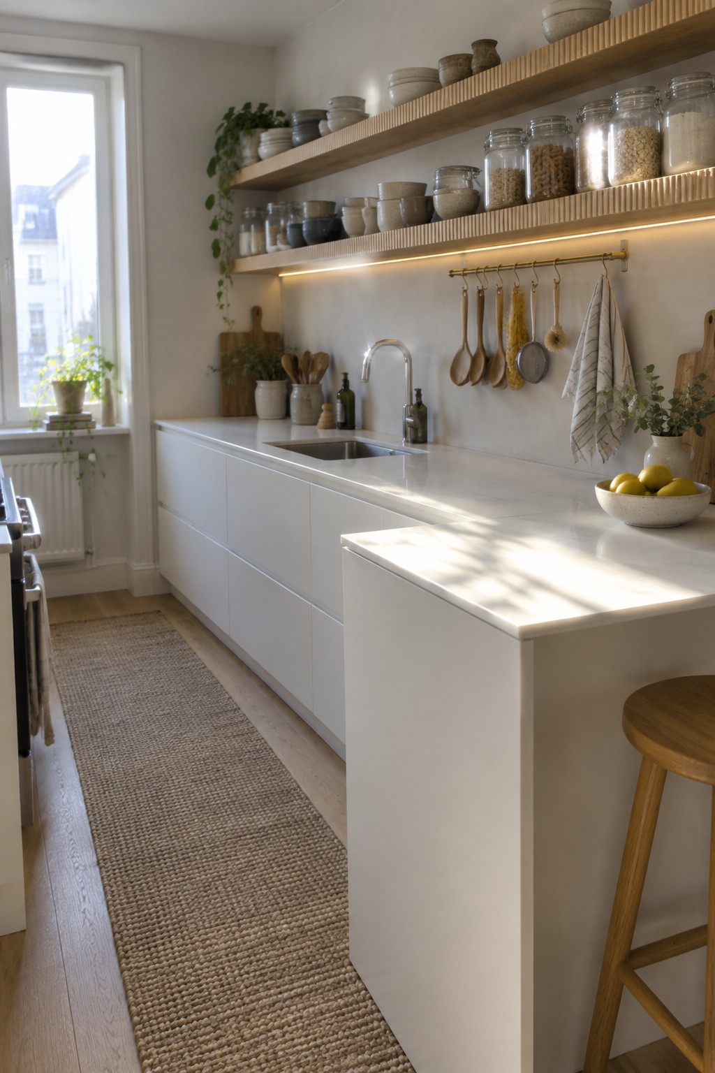 Modern kitchen with white marble island, wooden shelves, hanging utensils, and woven rug.