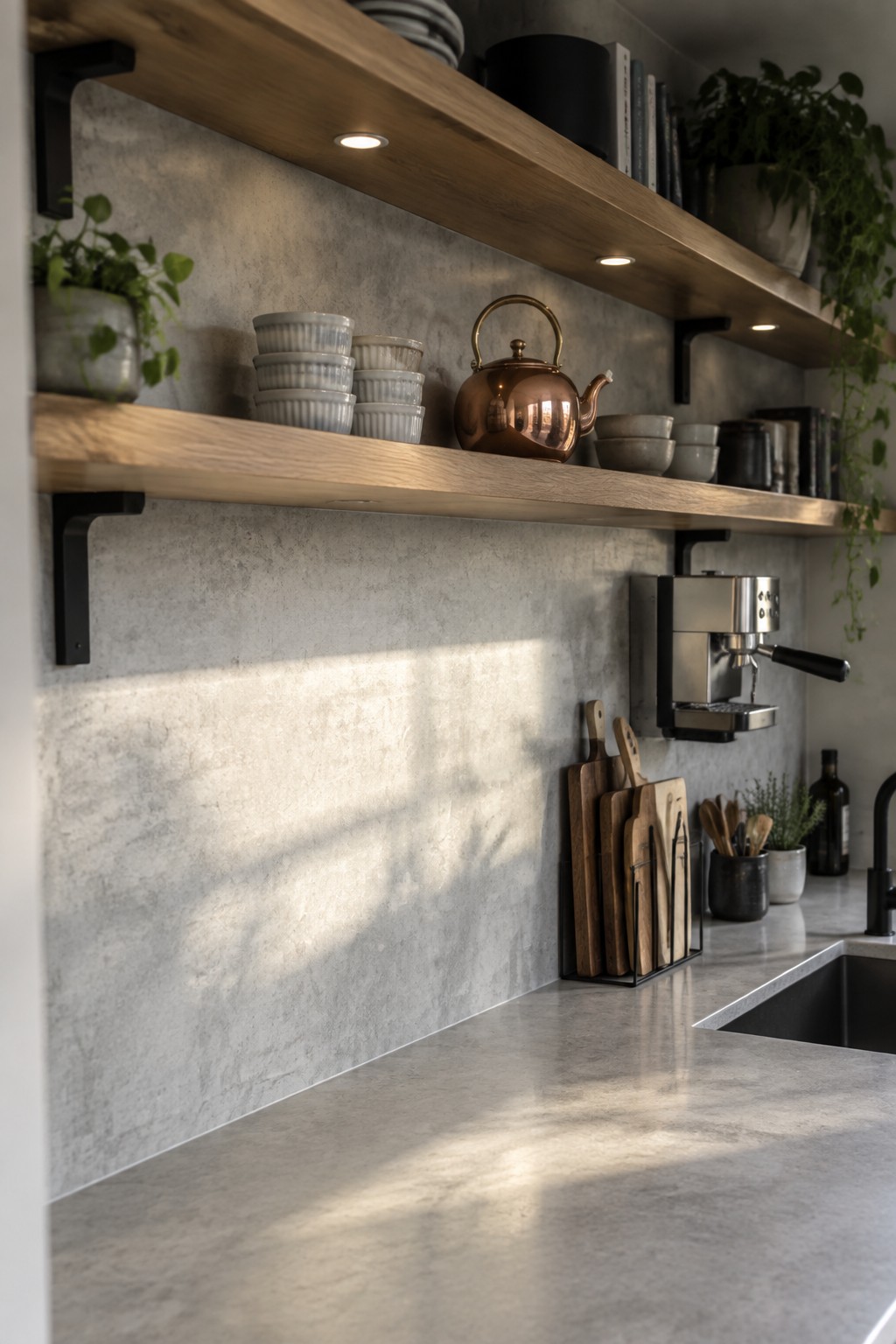 A kitchen interior with two wooden floating shelves mounted on a gray concrete wall, holding stacked bowls, a copper kettle, books, and potted plants, above a countertop with a coffee machine and cutting boards.