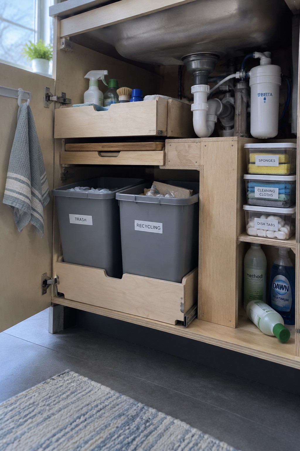 Under-sink kitchen cabinet showing two gray pull-out bins labeled trash and recycling on a sliding wooden tray, with stacked clear storage containers on the right side.
