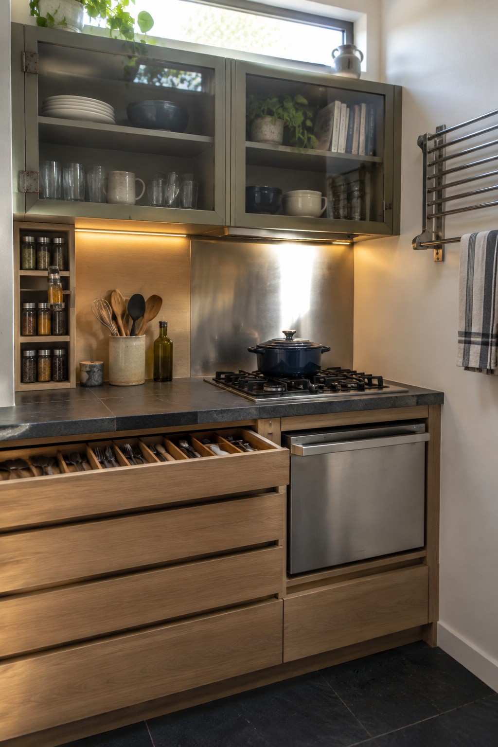 Modern kitchen with wooden drawers, open cutlery trays, gas stove, and glass cabinets.
