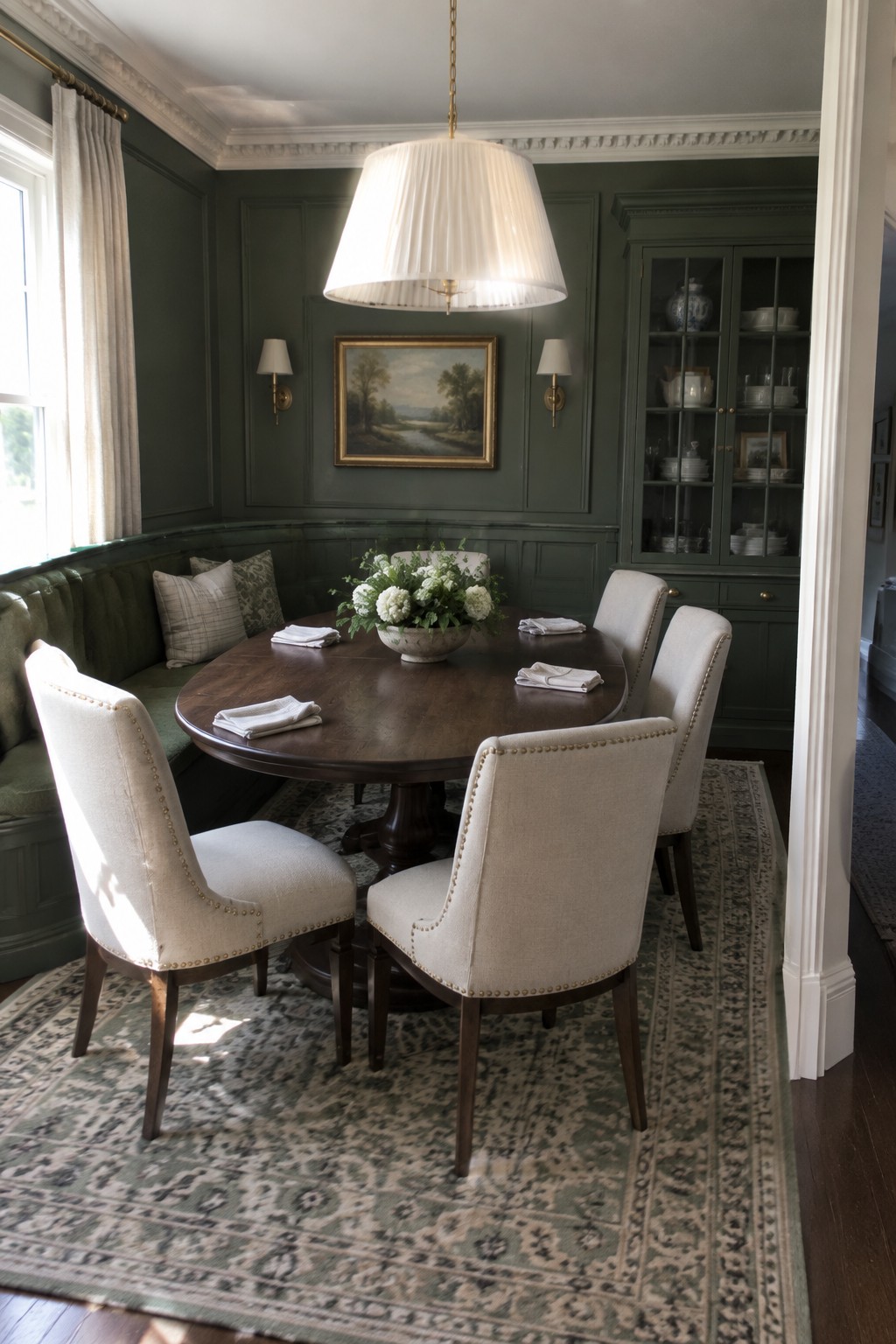 A dining room featuring a round wooden table, upholstered chairs, a green upholstered banquette in the corner, and built-in green cabinetry along the paneled walls.