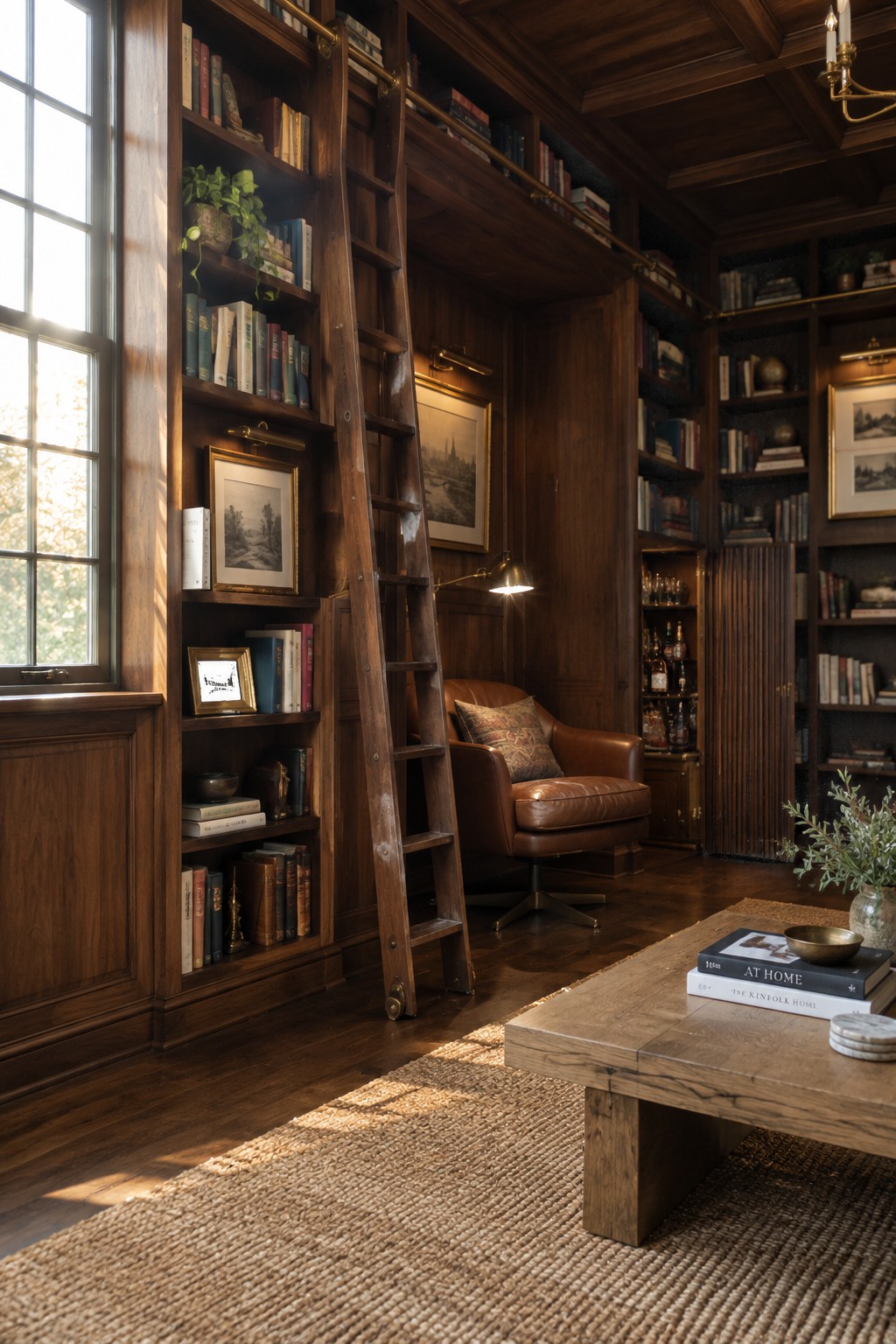 A dark wood library with floor-to-ceiling built-in bookshelves, a rolling wooden ladder, a brown leather armchair, and a wooden coffee table on a jute rug.