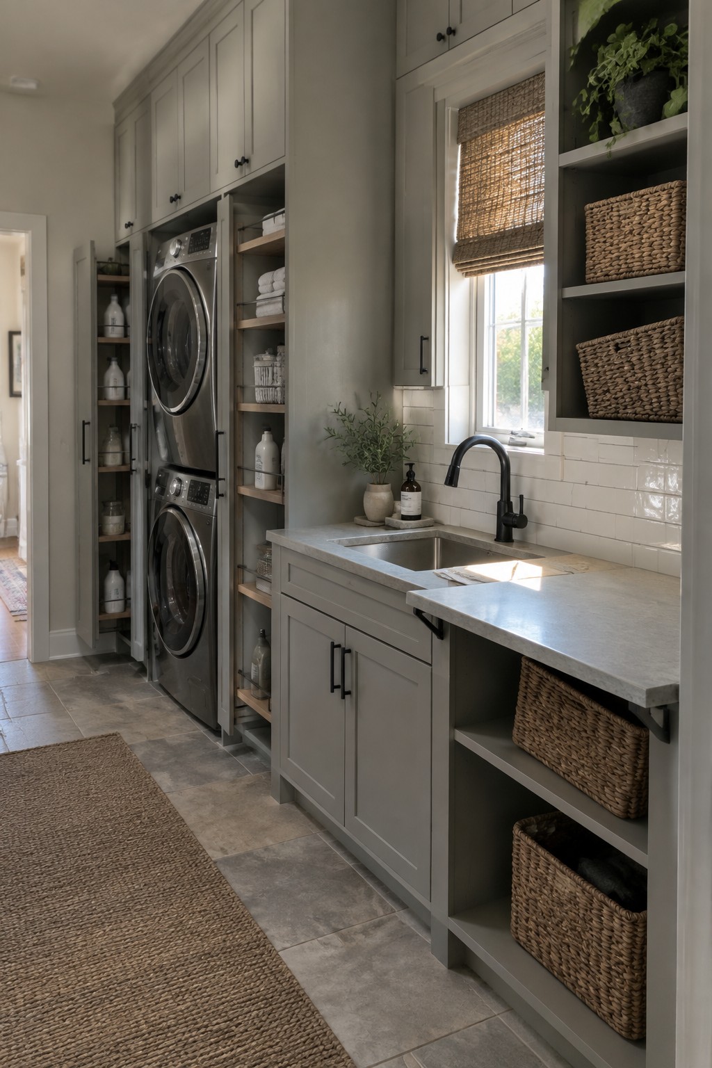 A laundry room featuring gray custom millwork cabinets surrounding a stacked washer and dryer, with open shelving, a utility sink, black faucet, and woven storage baskets.