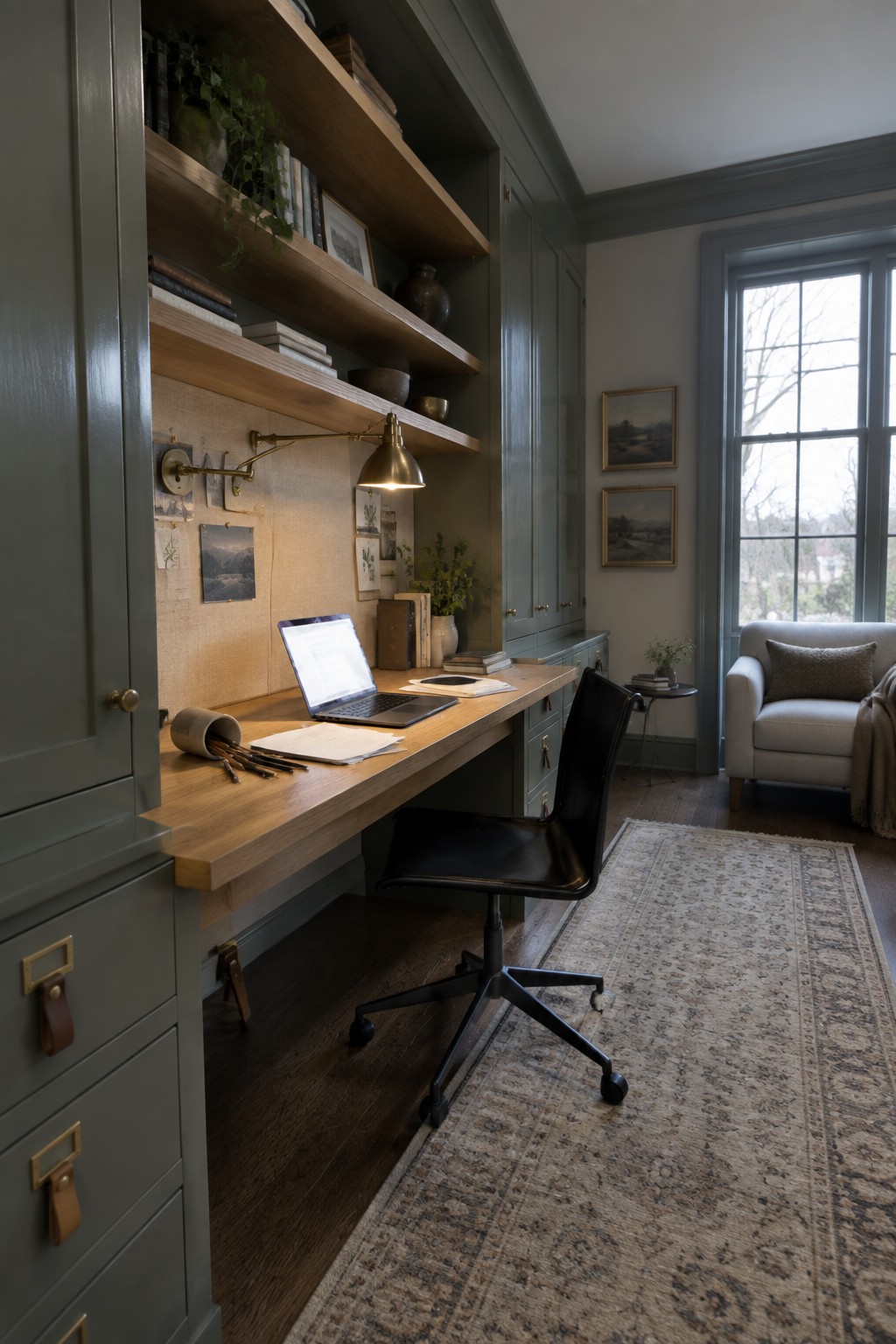 A home office with built-in sage green cabinetry, a wooden desk surface, open shelves holding books and decor, a black office chair, and a patterned rug in front of a window.
