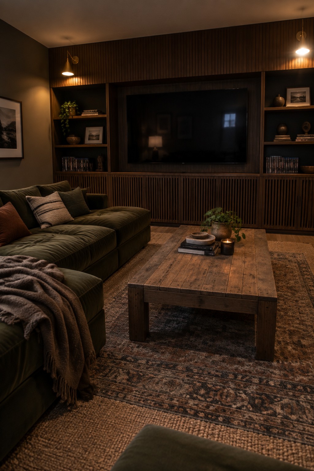 Cozy living room with green velvet sofa, rustic wooden coffee table, and built-in shelves