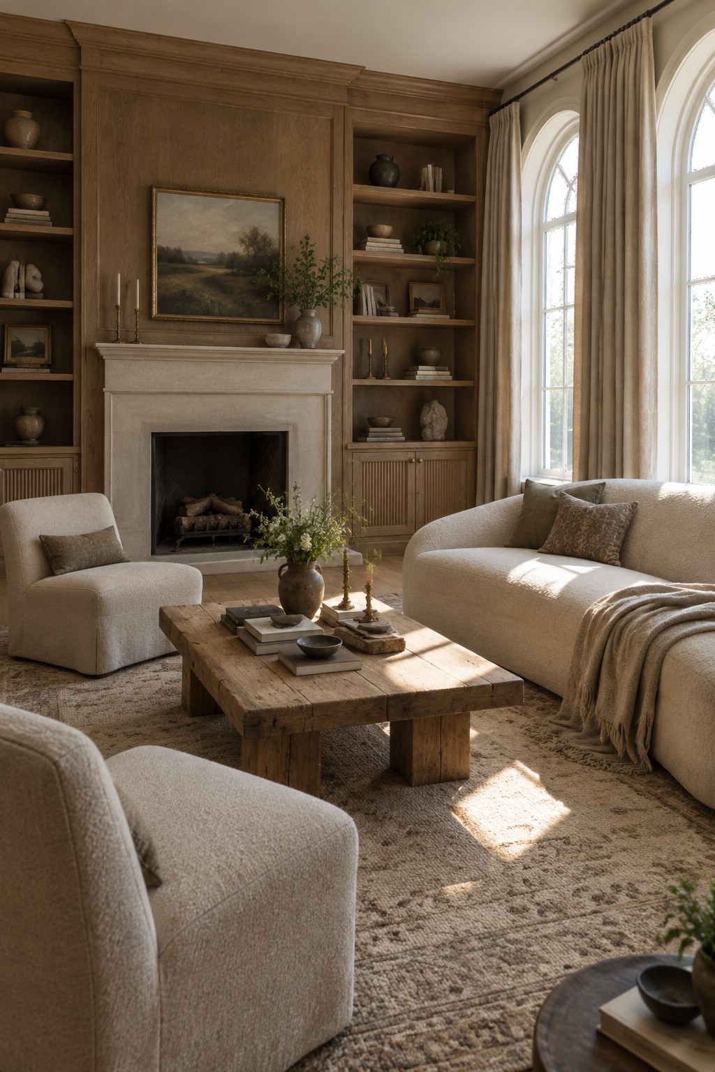 Cozy living room with beige sofa, wooden coffee table, fireplace, and arched windows