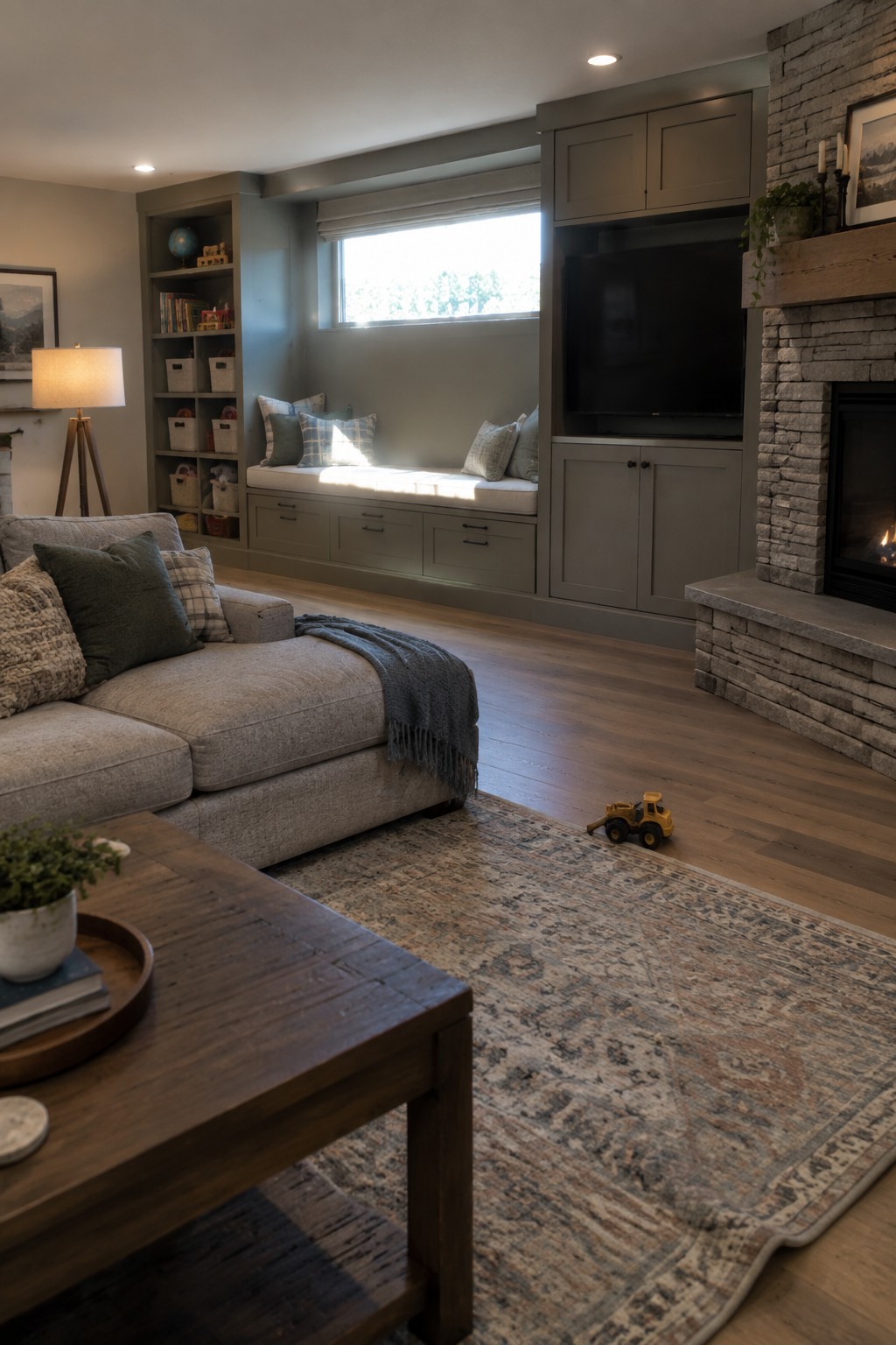 A living room featuring a long built-in window seat with gray cabinetry below, open shelving to the left, a television mounted in the center cabinetry, and a stone fireplace to the right.