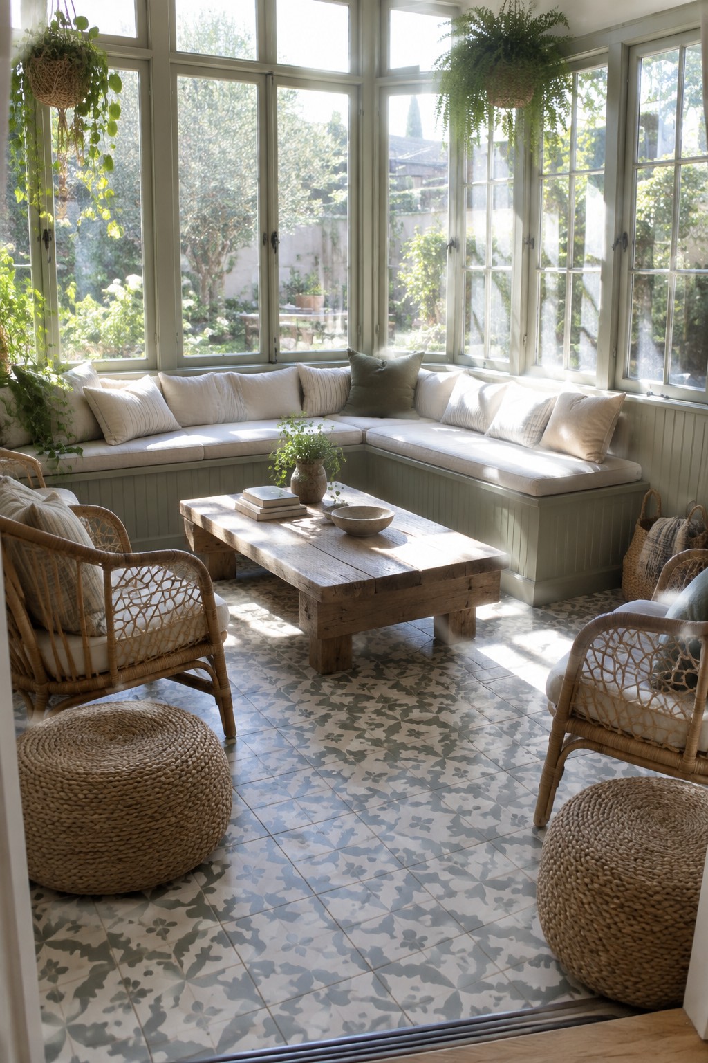 A sunroom interior with sage green built-in bench seating under large multi-pane windows, white cushions, a rustic wood coffee table, two woven chairs, and patterned tile flooring.