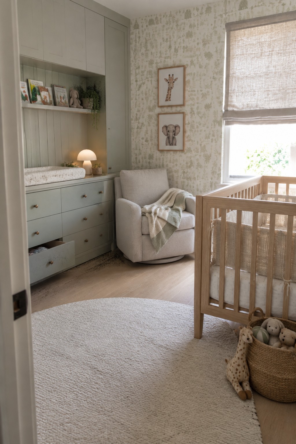 A nursery interior showing sage green built-in cabinetry with drawers and shelves, a wooden crib, a light upholstered swivel chair, and a round white rug on wood flooring.
