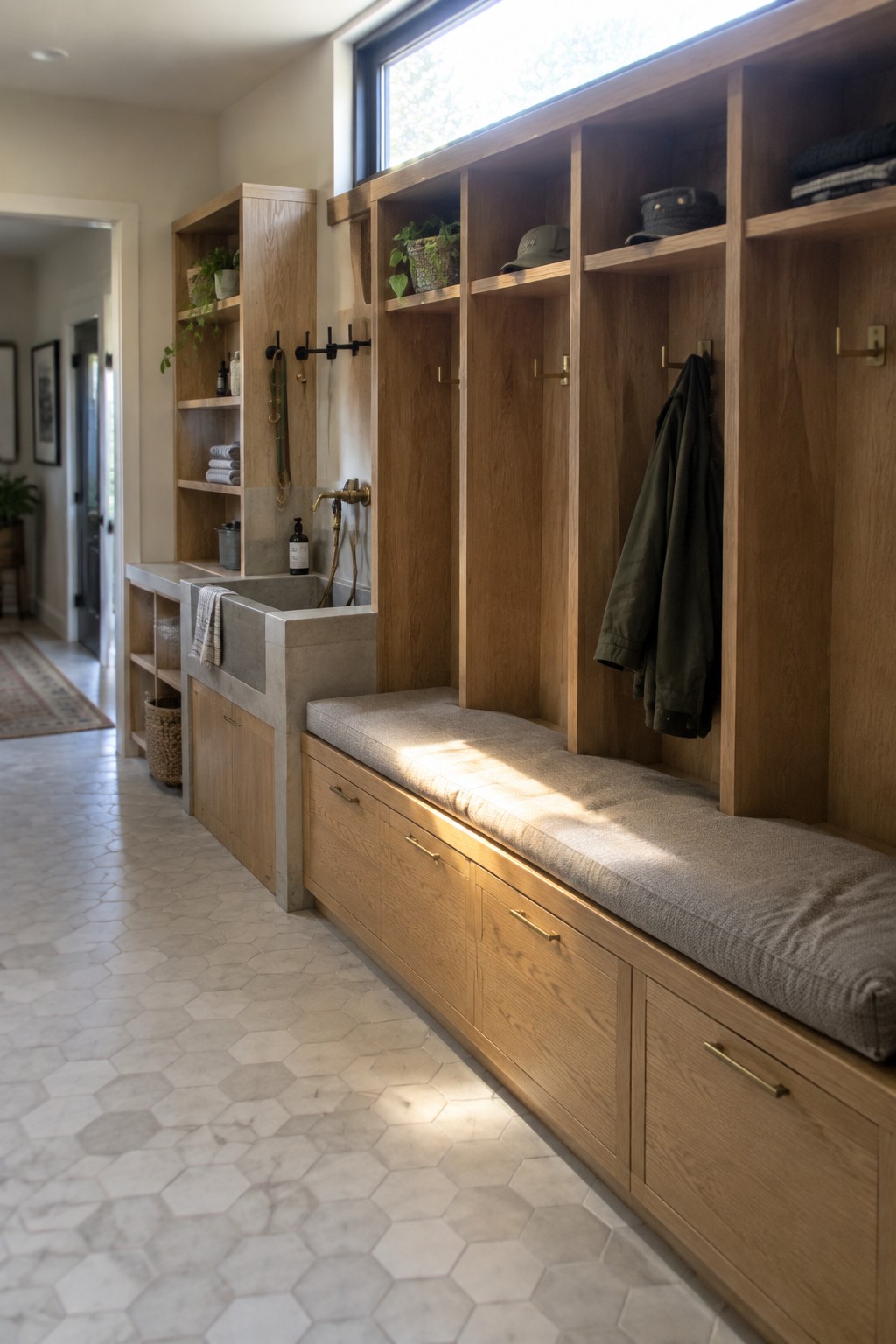 A light wood built-in unit with open cubbies, hooks, and a long upholstered bench with drawers sits beside a concrete utility sink on a hex tile floor.
