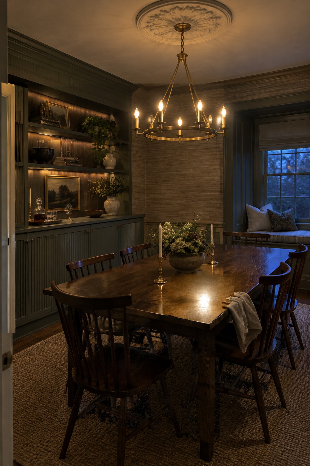 Elegant dark wood dining table beneath lit brass chandelier in green built-in shelved room