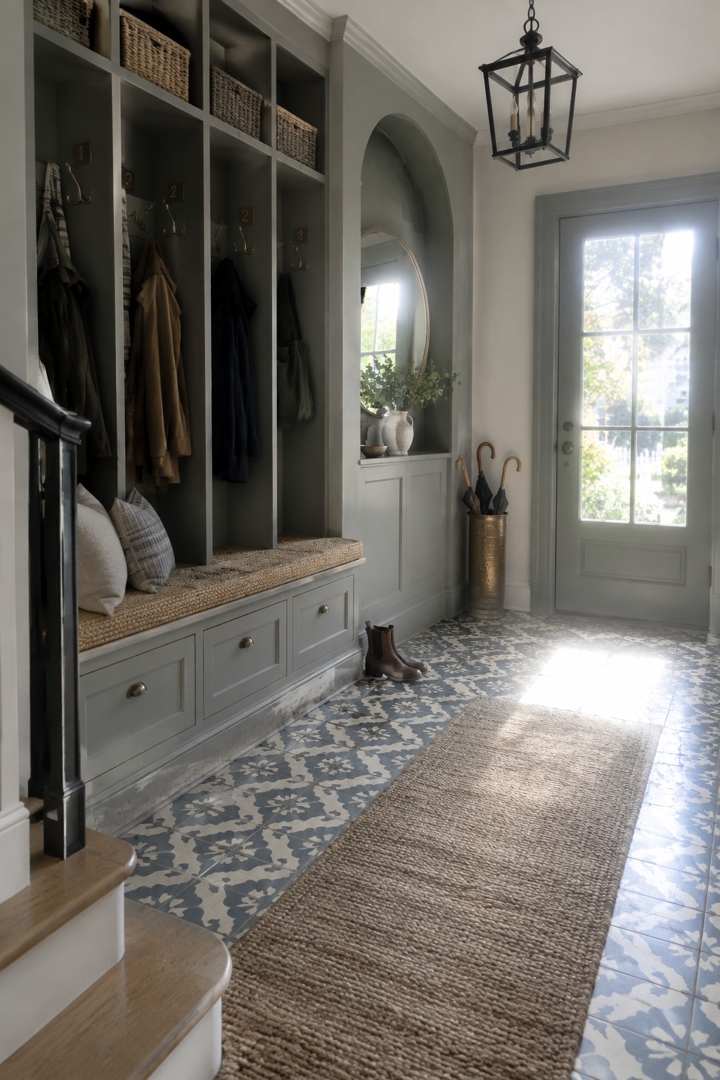 A gray built-in millwork system with cubbies, brass hooks, a cushioned bench, and lower drawers along a wall in a tiled entryway with a gray door and woven runner.