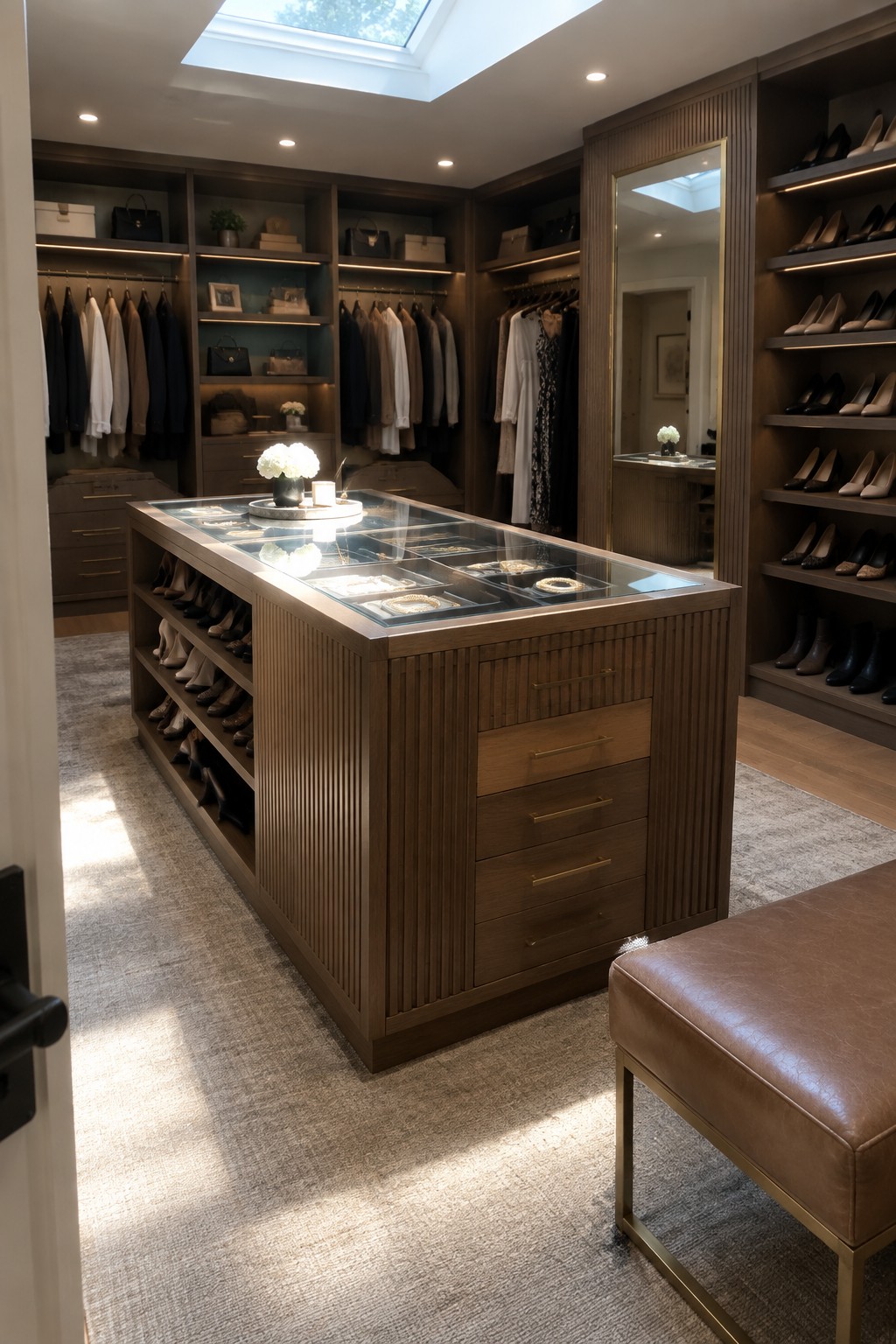 Luxurious walk-in closet with central glass jewelry island, wooden shoe shelves, and leather bench.
