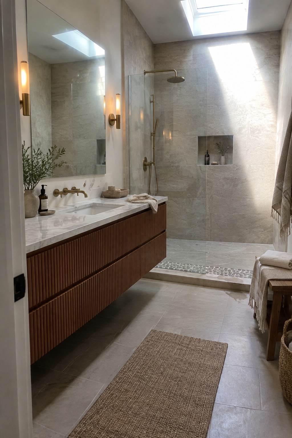 A modern bathroom with a long floating wood vanity featuring ribbed drawer fronts, a white marble countertop with two sinks, and a large mirror above, next to a glass shower with beige stone tiles.
