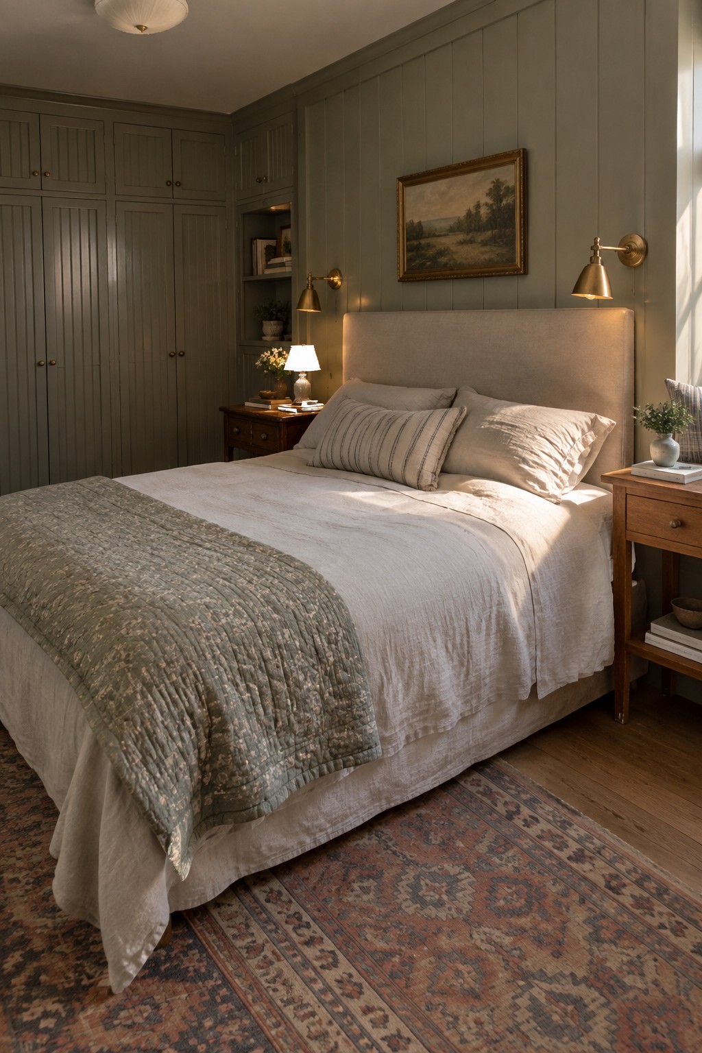 Cozy bedroom with upholstered bed, green floral quilt, patterned rug, and sage walls.