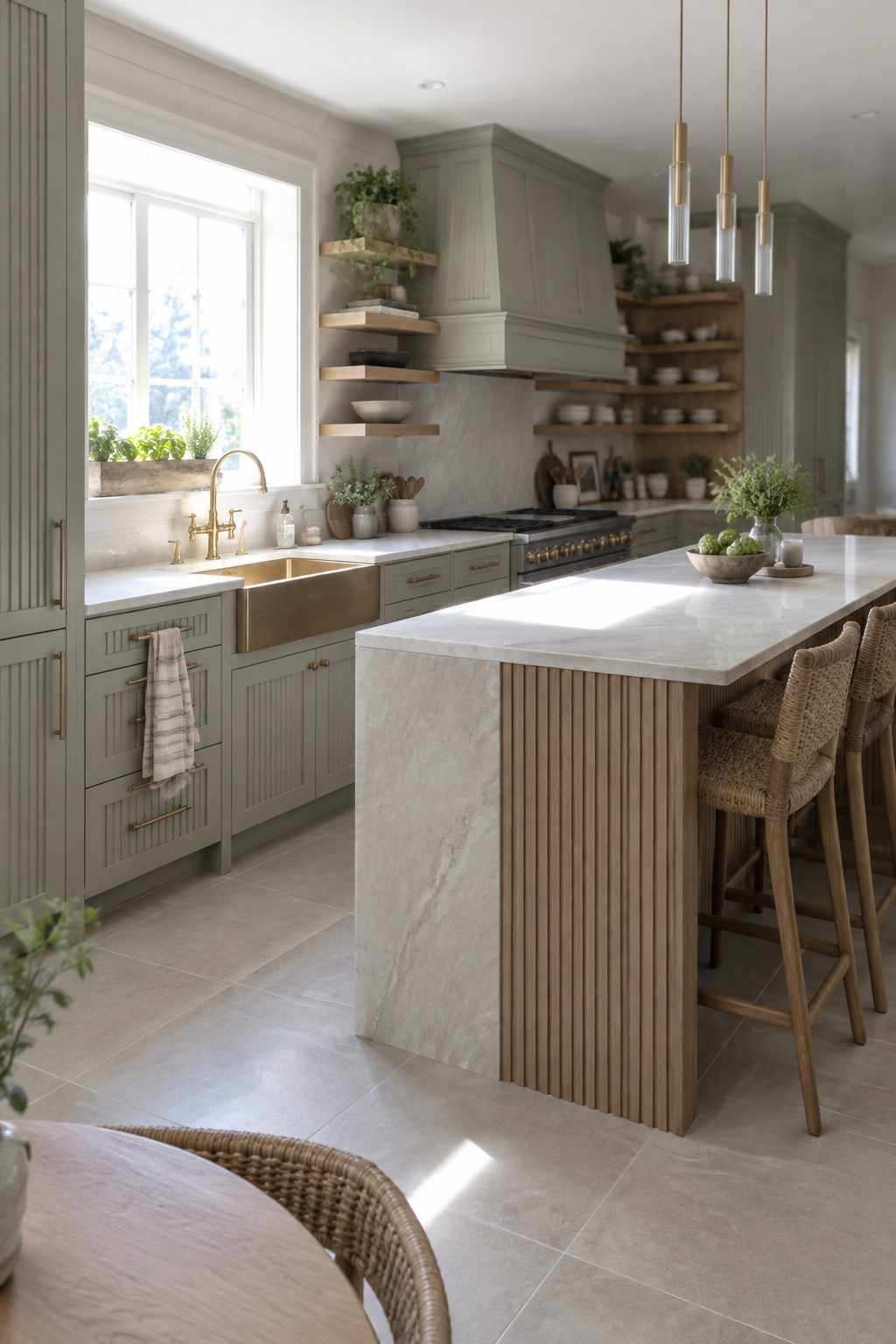 A bright kitchen interior with sage green custom cabinets, a large marble-topped island featuring a fluted wood base, brass sink and hardware, woven bar stools, and floating wood shelves along the back wall.