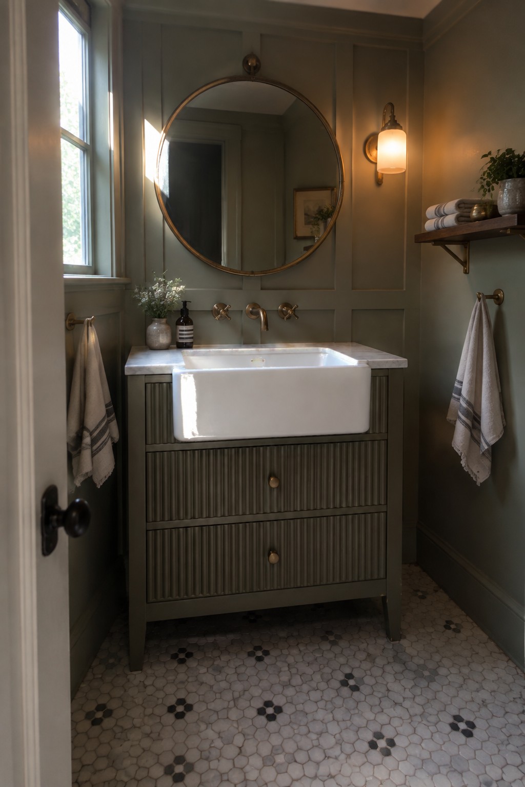 A bathroom with a white undermount sink set into a sage green vanity cabinet with fluted drawers, a round mirror above, and brass wall sconce to the right.