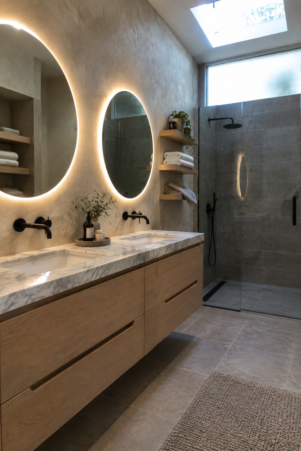 A bathroom interior shows a long floating wood vanity with marble top, two sinks, and backlit round mirrors mounted on a textured wall beside a glass shower.
