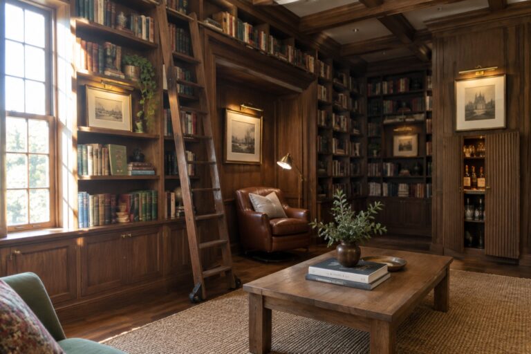 21 Sophisticated Dream House Interiors Centered on Custom Millwork A dark wood library with floor-to-ceiling built-in bookshelves, a rolling wooden ladder, a brown leather armchair, and a wooden coffee table on a jute rug.