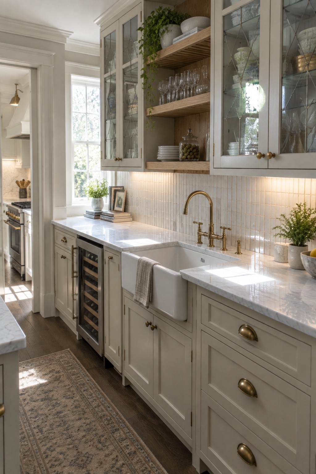 Elegant white kitchen with marble counters, brass faucet, farmhouse sink, and wine cooler