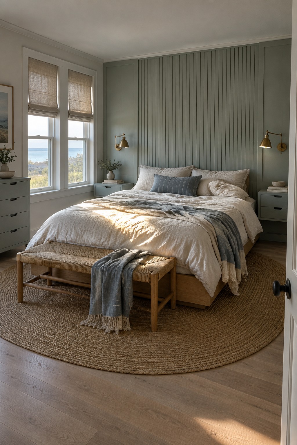 A bedroom featuring a large bed against a full wall of vertical sage green paneling, with matching built-in cabinetry on both sides, two windows with woven shades, and a round jute rug on wood flooring.