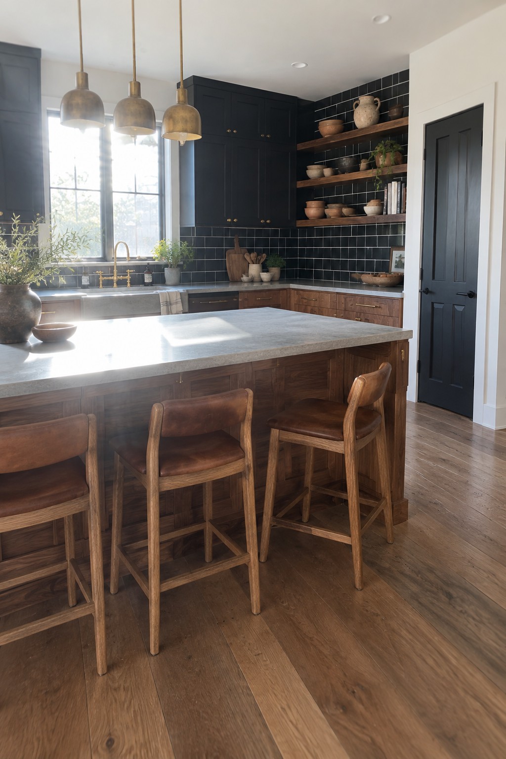 A kitchen with black cabinets, a wood island base, brown leather bar stools, brass pendant lights, and wood floating shelves against a black tile backsplash.