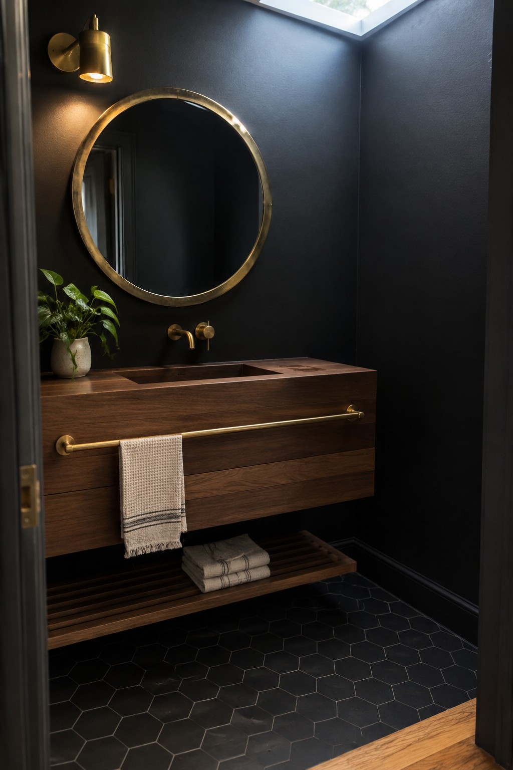 A bathroom interior with black walls shows a floating dark wood vanity, brass faucet and towel bar, round brass mirror, and black hexagonal floor tiles.