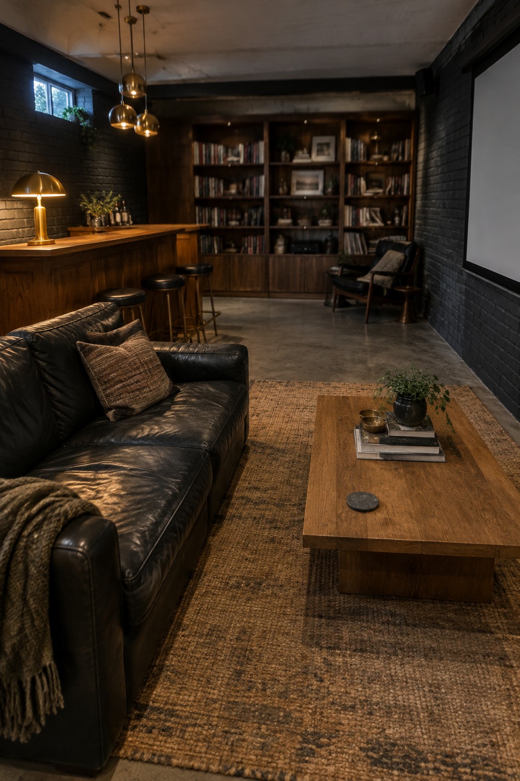 A living room with black leather sofa, wooden coffee table on a woven rug, built-in wooden bookshelves, and brass pendant lights against black brick walls.