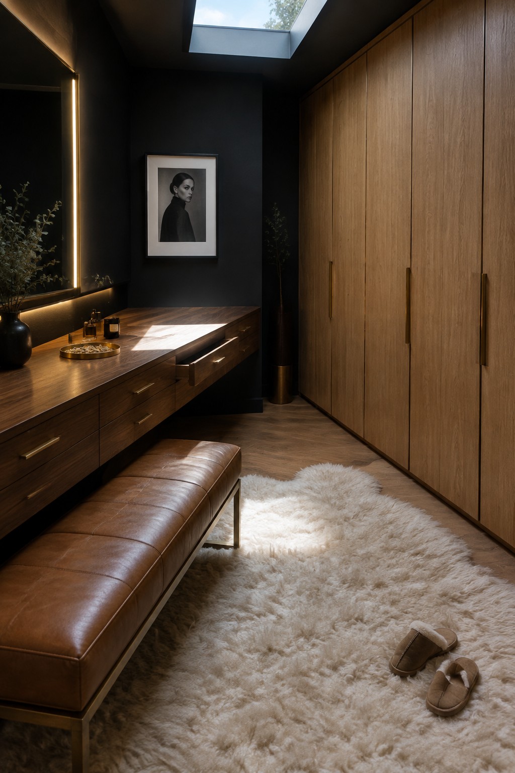A dressing room with black walls, a long wooden vanity with brass pulls, a brown leather bench, tall wooden wardrobes, and a white shag rug.