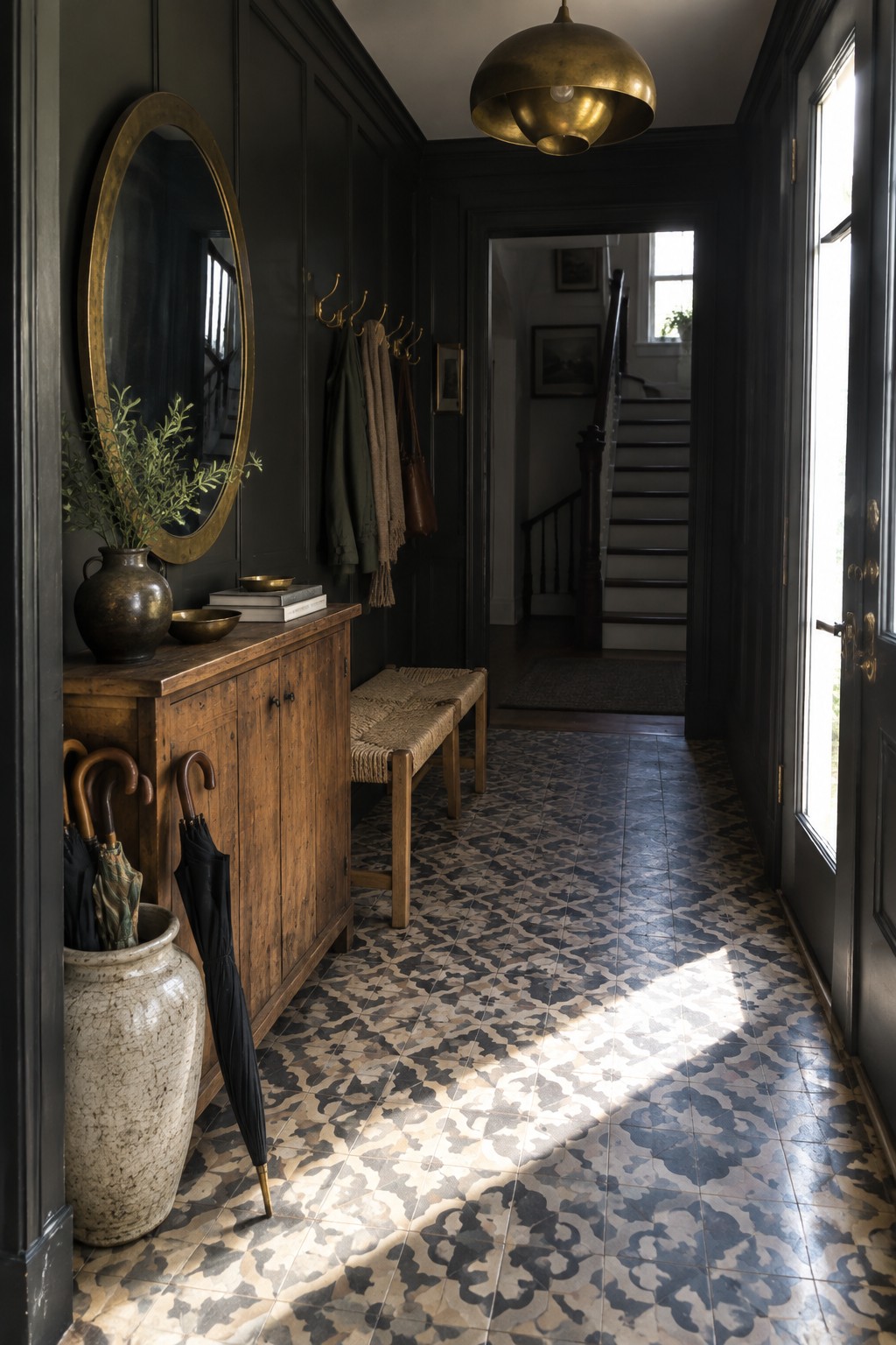 A narrow interior hallway with dark paneled walls, a wooden console table holding books and a vase, a round brass-framed mirror, a woven bench, patterned tile flooring, and a large brass pendant light.
