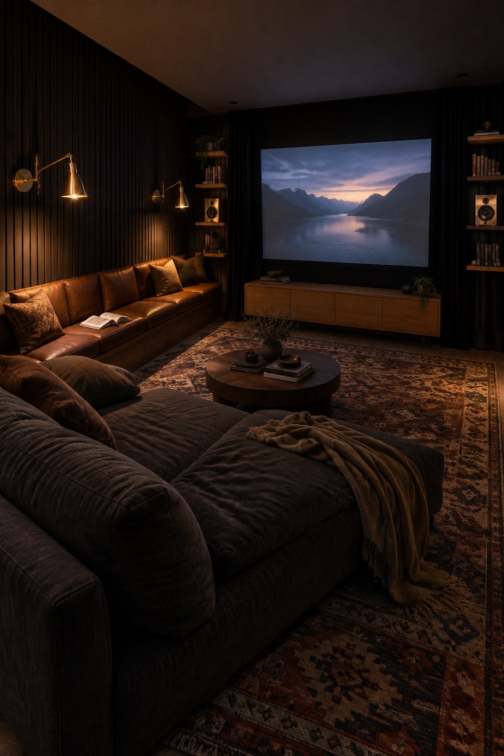 A dimly lit living room with black vertical panel walls, a large brown leather sectional sofa, a round wooden coffee table on a patterned rug, brass wall sconces, floating wooden shelves, and a large screen showing a mountain landscape at dusk.