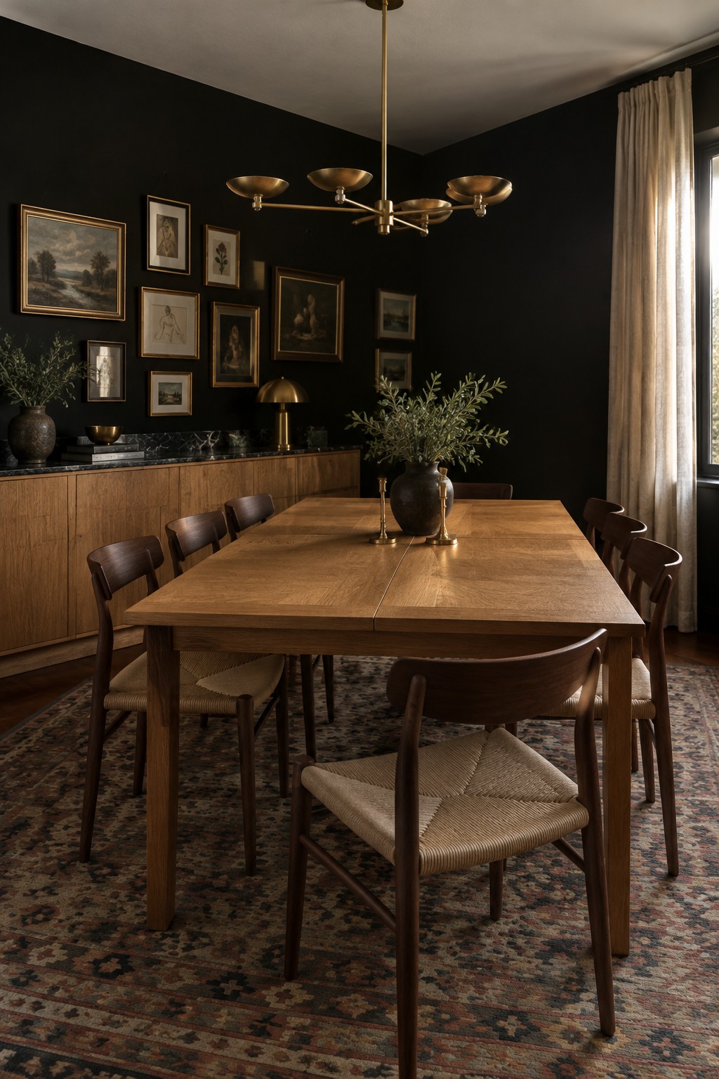 A dining room featuring black walls, a large wooden table with matching wooden chairs that have woven seats, a brass chandelier overhead, and multiple framed artworks arranged on the walls.