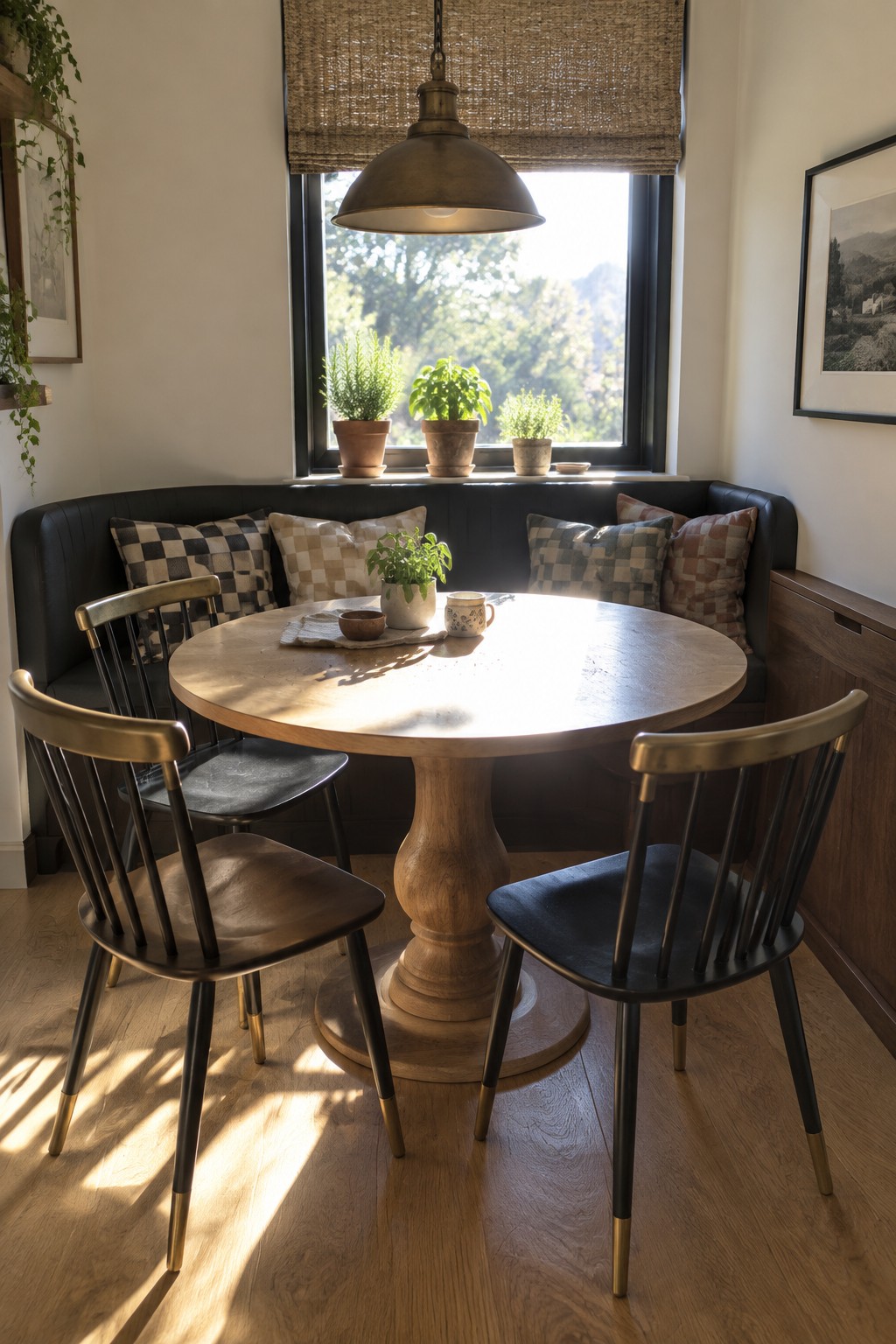 A round light wood dining table with black spindle chairs featuring brass leg tips sits before a black upholstered banquette topped with checkered pillows, under a window with potted plants on the sill.