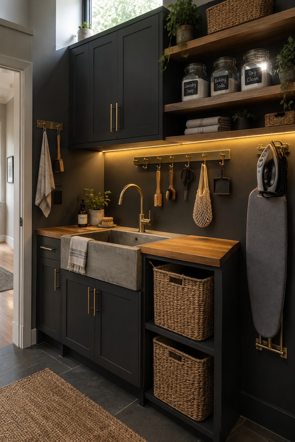 A laundry room with black cabinets, wood countertops and shelves, a concrete sink, brass hardware and hooks, woven baskets, and labeled glass jars on open shelving.