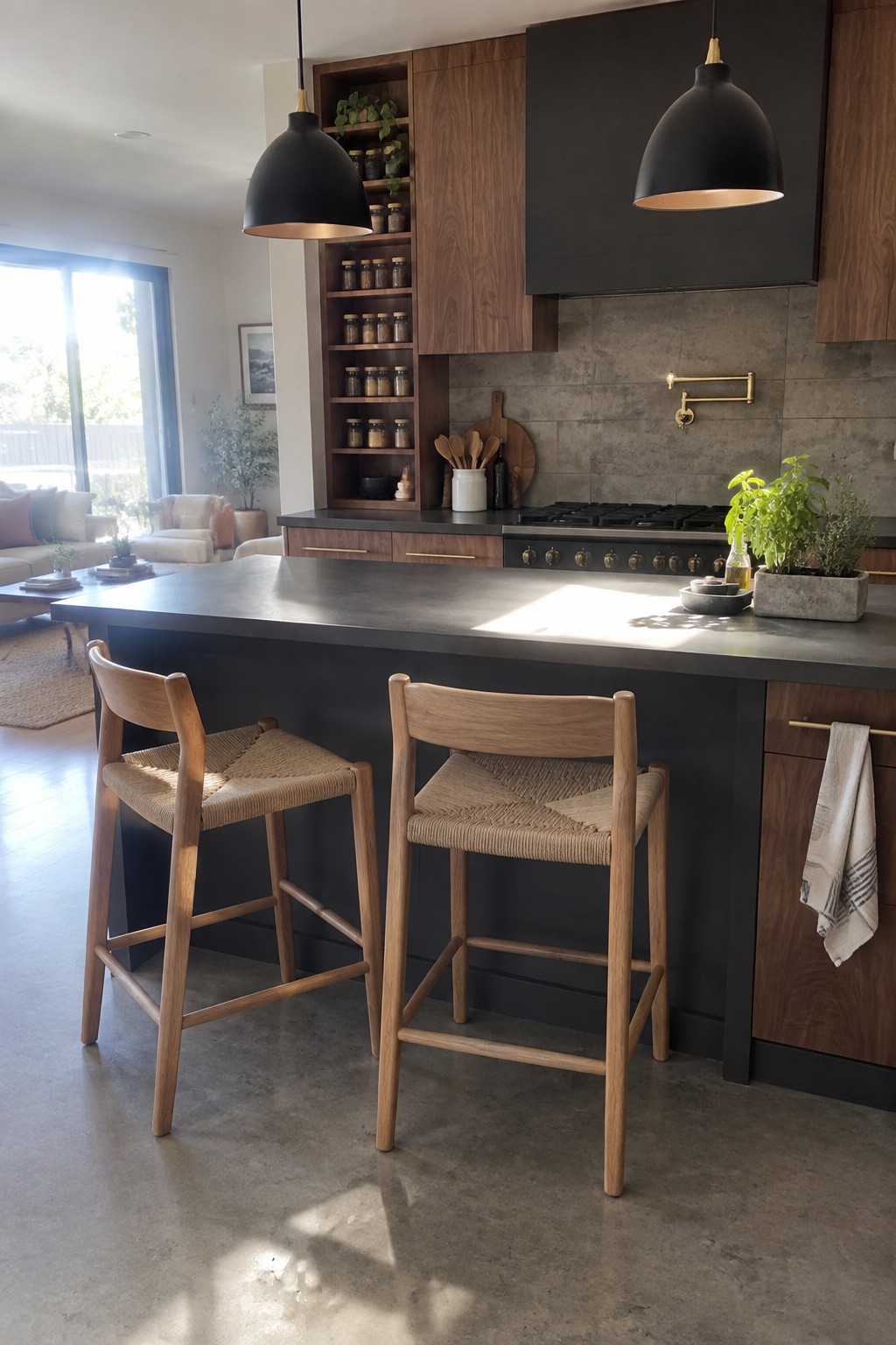 Modern kitchen island with two wooden woven-seat bar stools and black pendants